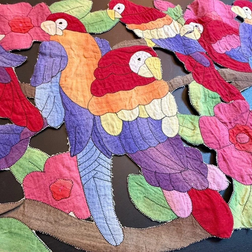 Vintage Mola Style Applique Parrot Table Runner Tropical Floral‎ Hand Stitched